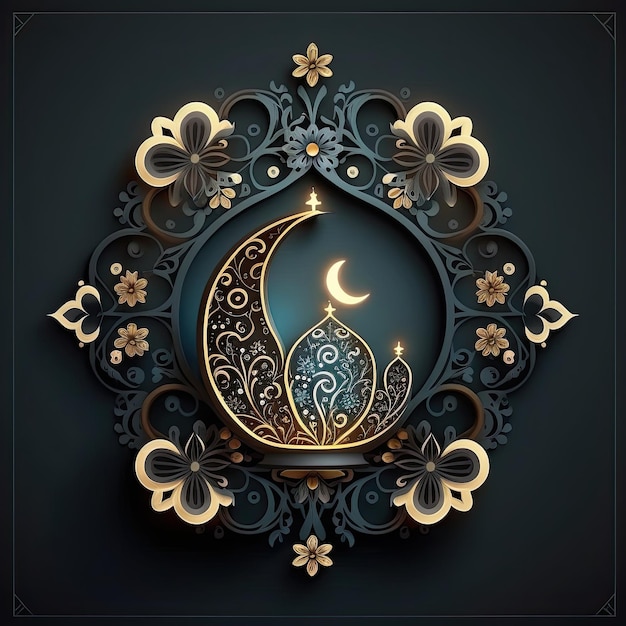 Islamic design greeting card background template with crescent moon and islamic lantern Generative AI