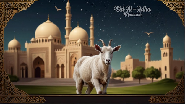 Photo islamic eid al adha card with goat and mosque illustration