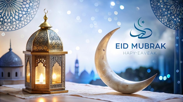 Islamic Eid festival greeting with lamp and moon watercolor