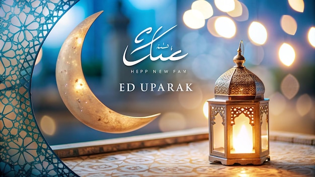 Islamic Eid festival greeting with lamp and moon watercolor