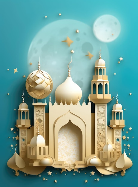 Islamic Eid Mubarak background Ramadan Kareem mosque moon lantern Paper art style Ai generated