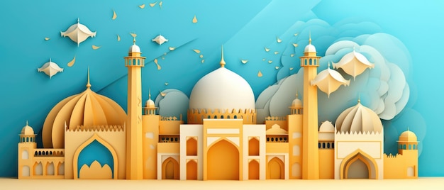 Islamic Eid Mubarak background Ramadan Kareem mosque moon lantern Paper art style Ai generated