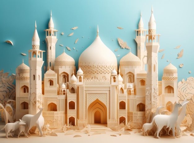 Islamic Eid Mubarak background Ramadan Kareem mosque moon lantern Paper art style Ai generated