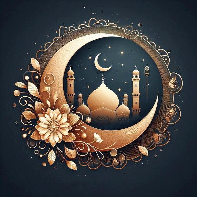 Islamic eid mubarak card with a stylish crescent moon on the top background concept Ai generative