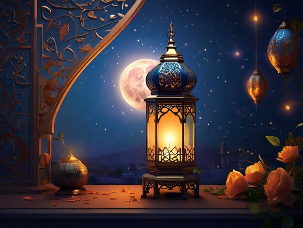 Islamic Elegance Eid Mubarak Lamp Photo with Stylish Crescent Moonlight and Luminous Glow