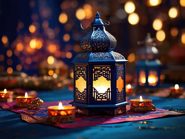 Islamic Elegance Eid Mubarak Lamp Photo with Stylish Crescent Moonlight and Luminous Glow