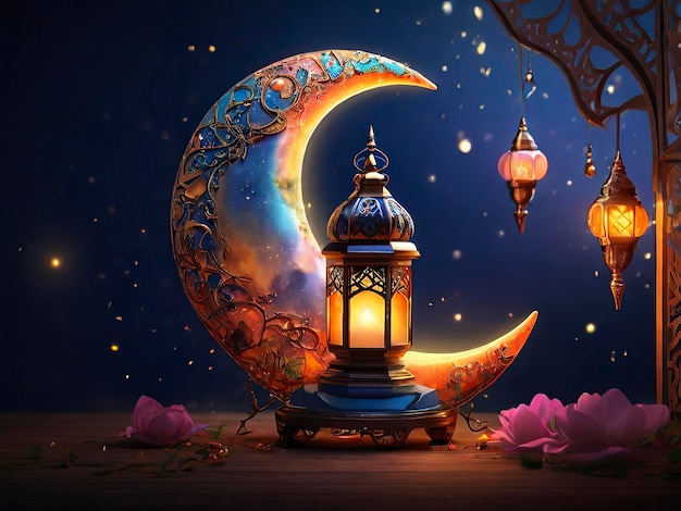 Islamic Elegance Eid Mubarak Lamp Photo with Stylish Crescent Moonlight and Luminous Glow