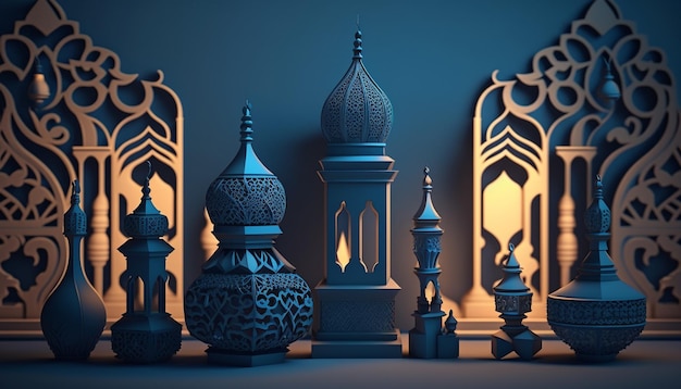 Islamic geometric blue pattern with lanterns and mosque silhouette AI Generative