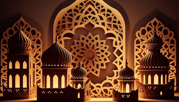 Islamic geometric pattern with lanterns and mosque silhouette AI Generative