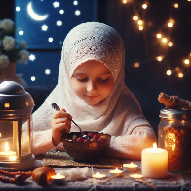 Islamic girl wearing shari hijab breaking her fast at night