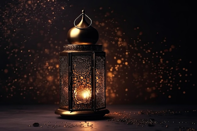 Islamic gold lantern stands with candle light ornament ramadan kareem green background generated AI