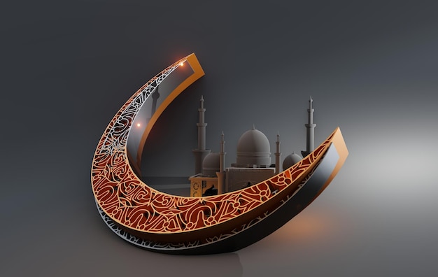 Islamic Grandeur Illustration of 3D Animated Rendering Podium Mosque with Crescent Moon Symbol Set