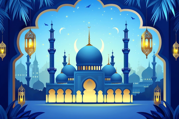 Islamic greeting card with mosque illustration illustration Arabic Eid Mubarak