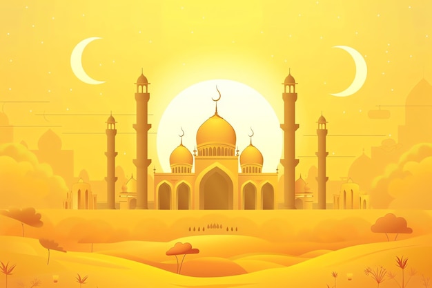 Islamic greeting card with mosque illustration illustration Arabic Eid Mubarak