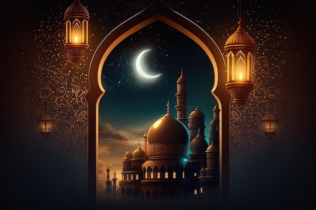 Islamic greeting Eid Mubarak cards for Muslim HolidaysEidUlAdha festival celebrationArabic Ramadan Lantern Generative AI Crescent Islamic with mosque for Ramadan Kareem