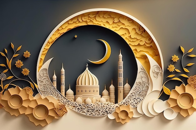 Islamic greeting Eid Mubarak cards for Muslim HolidaysEidUlAdha festival celebrationArabic Ramadan Lantern Generative AI quilling paper cut Crescent Islamic with mosque for Ramadan Kareem