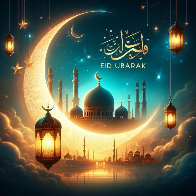 Islamic greeting Eid Mubarak cards for Muslims EidUlAdha festival Crescent Moon and Lantern