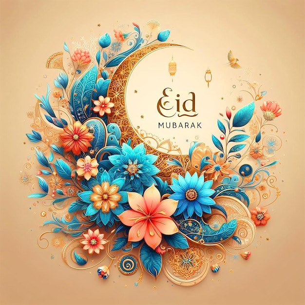 Islamic greeting Eid Mubarak cards with flowers for Muslim Holidays Eid Al Fitr festival