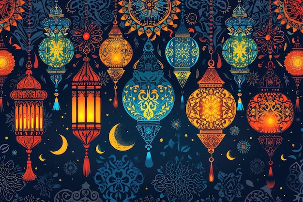 Islamic greeting eid mubarak lantern illustration ramadan kareem beautiful ornament background