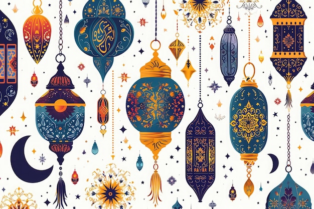 Islamic greeting eid mubarak lantern illustration ramadan kareem beautiful ornament background