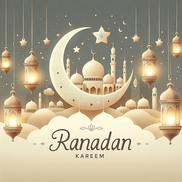 Islamic greetings ramadan kareem card design with lanterns and crescent Vector Design Illustration