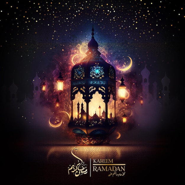 Islamic holiday banner, suitable for Ramadan,Mawlid. A lit-up lantern and crescent moon decor on ser