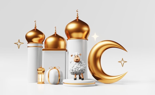 Islamic holidays advertising Sheep on podium scene 3d rendering Ramadan Raya Hari Mawlid sale template Muslim festival Eid al Adha greeting card Mosque sacrifice crescent gift lantern light stars