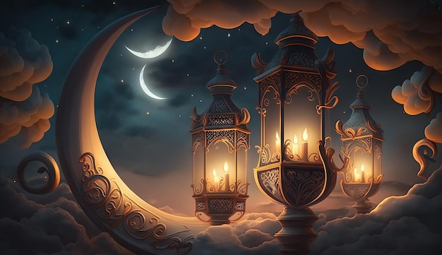 Islamic illustration of a crescent moon and realistic clouds with traditional lanterns and candles lighting up the night Generative ai