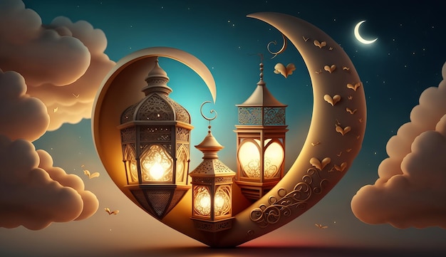 Islamic illustration of a crescent moon and realistic clouds with traditional lanterns and hearts Generative ai