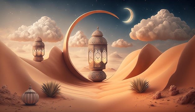 Islamic illustration of a crescent moon and realistic clouds with traditional lanterns and sand dunes Generative ai