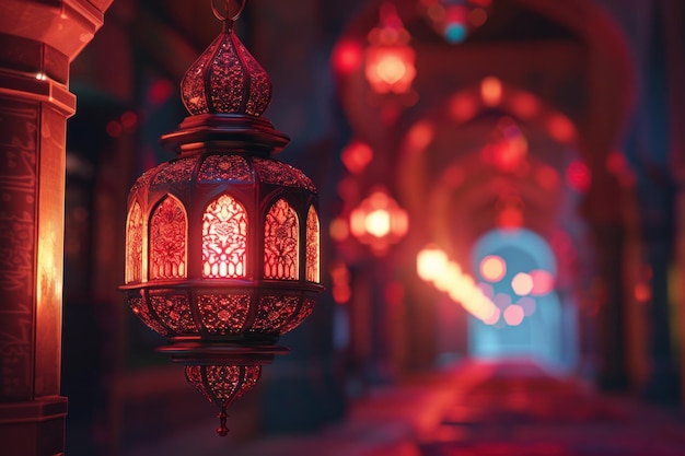 an islamic lamp is lit up night in karachi