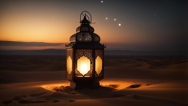 Islamic lantern in the desert at night