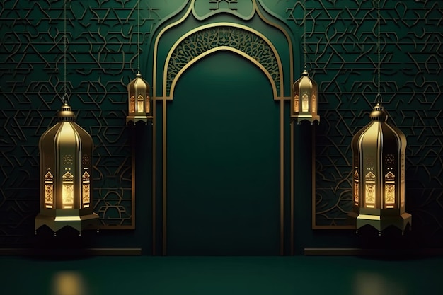 Islamic lantern golden and green luxury ornament ramadan kareem celebration AI Generated