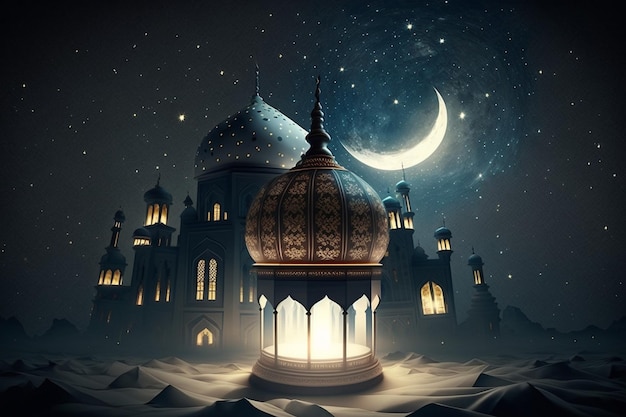 Islamic lantern and mosque with a moon and stars at the background