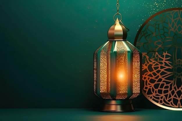 Islamic lantern stands with candle light arab ornament ramadan kareem green background generated AI