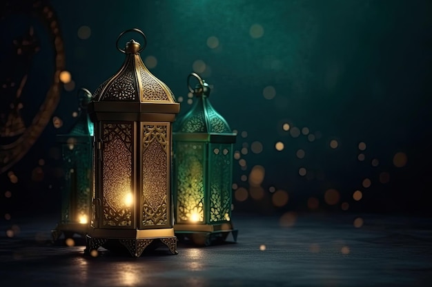 Islamic lantern stands with candle light arab ornament ramadan kareem green background generated AI