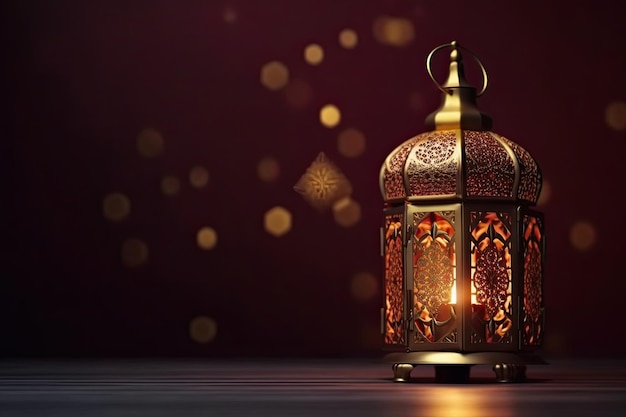 Islamic lantern stands with candle light arab ornament ramadan kareem maroon background generated AI