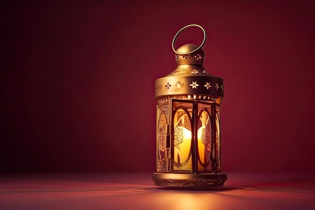 Islamic lantern stands with candle light arab ornament ramadan kareem maroon background generated AI