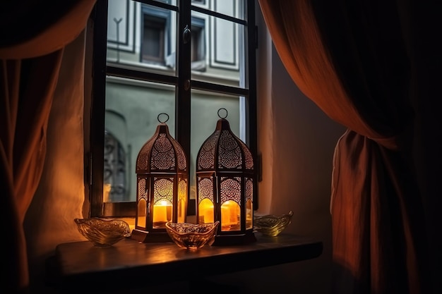 Islamic lantern on a table by the window