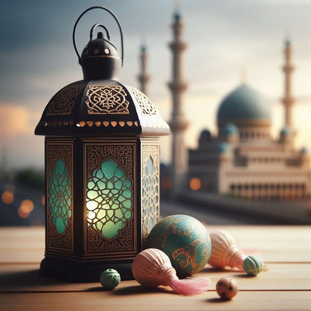 Islamic lantern with a blurred mosque in the background for eid al adha