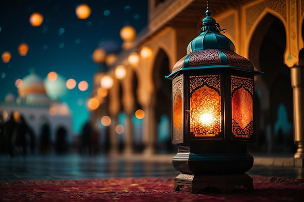 An islamic lantern with a blurred mosque in the background for eid al fitr