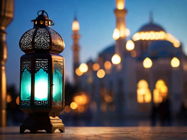 islamic lantern with a blurred mosque in the background