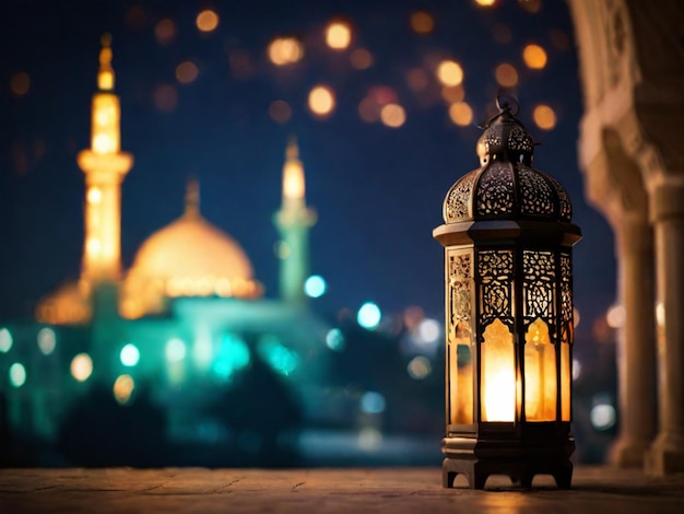 islamic lantern with a blurred mosque in the background