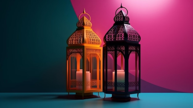 Islamic lantern with colorful background for both ramadan and adha Eid al Adha the Feast of Sacrifice Generative AI