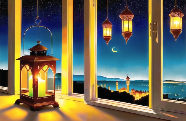 Islamic Lanterns banner for Ramadan Kareem Eid Mubarak Ai generated for Muslim Islamic Ramadan