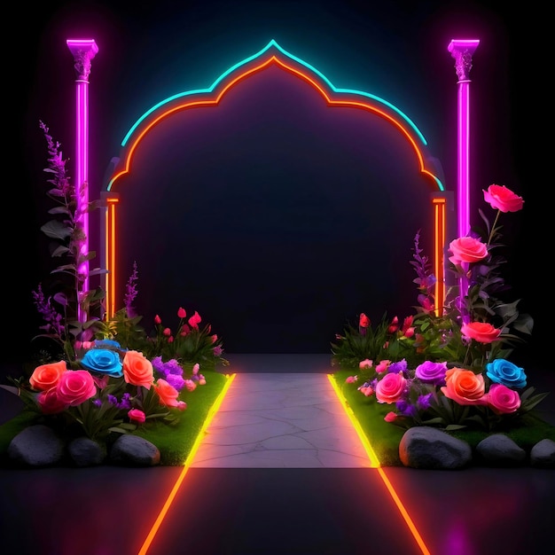 Islamic marble podium stage amidst colorful wedding flowers in dark setting neon lit illuminated