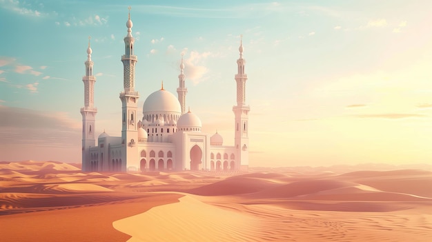 islamic mosque in the desert fantasy landscape with moon and mosque