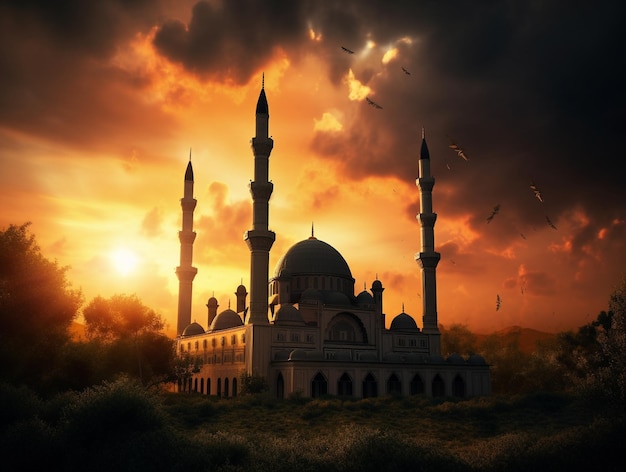 Islamic mosque dramatic sunset scene mosque in a field with a sunset and clouds