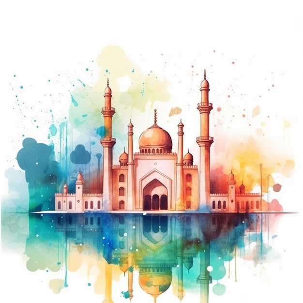 Islamic mosque illustration in watercolor effect