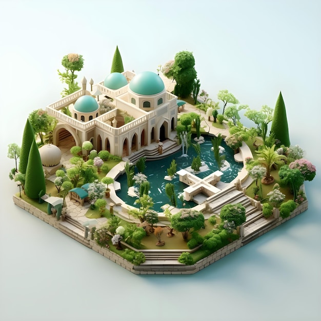 Islamic mosque in isometric view 3d render illustration